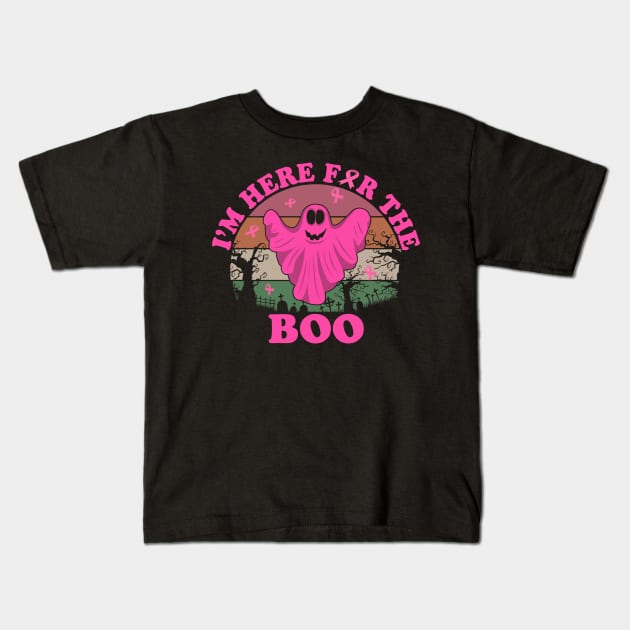 breast cancer funny Halloween I'm just here for the boo Kids T-Shirt by TeesCircle